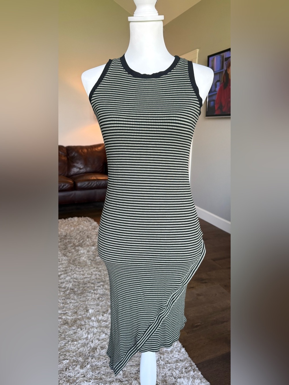 Michael Stars Striped Black and Green Ribbed Tank Dress Asymmetric Hem Size S